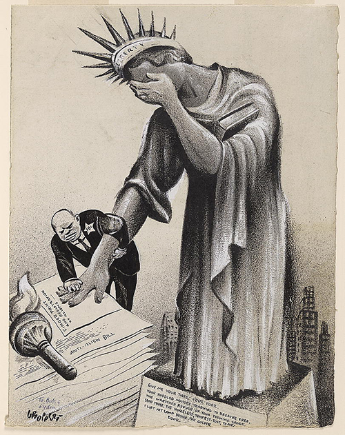 The Statue of Liberty bows her head in shame as an FBI agent records her fingerprint impressions